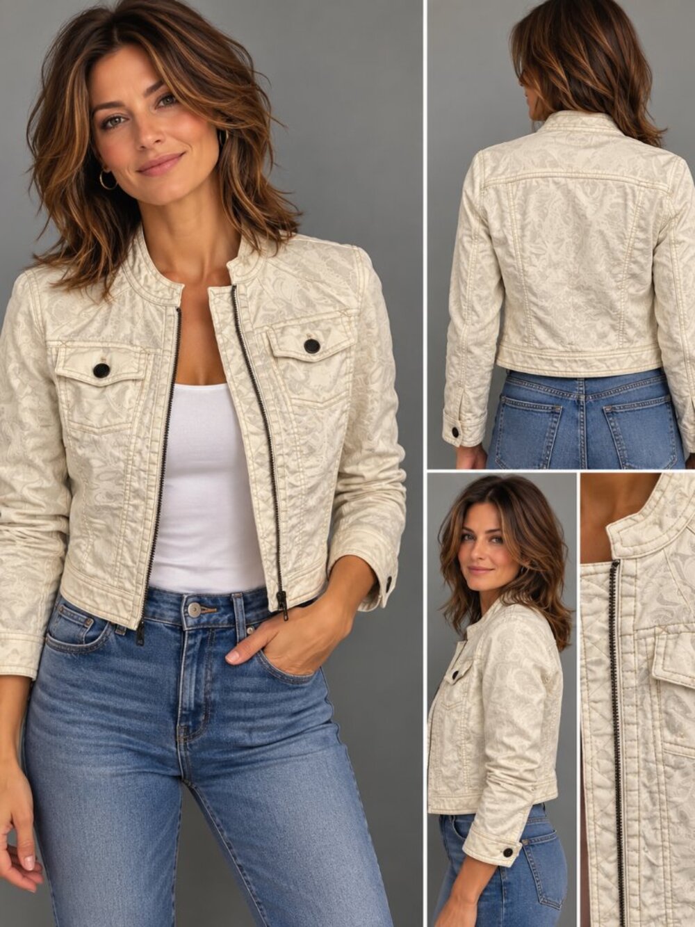 Vintage Y2K Women's Cream Light Corduroy Crop Jacket Size 4 SMALL